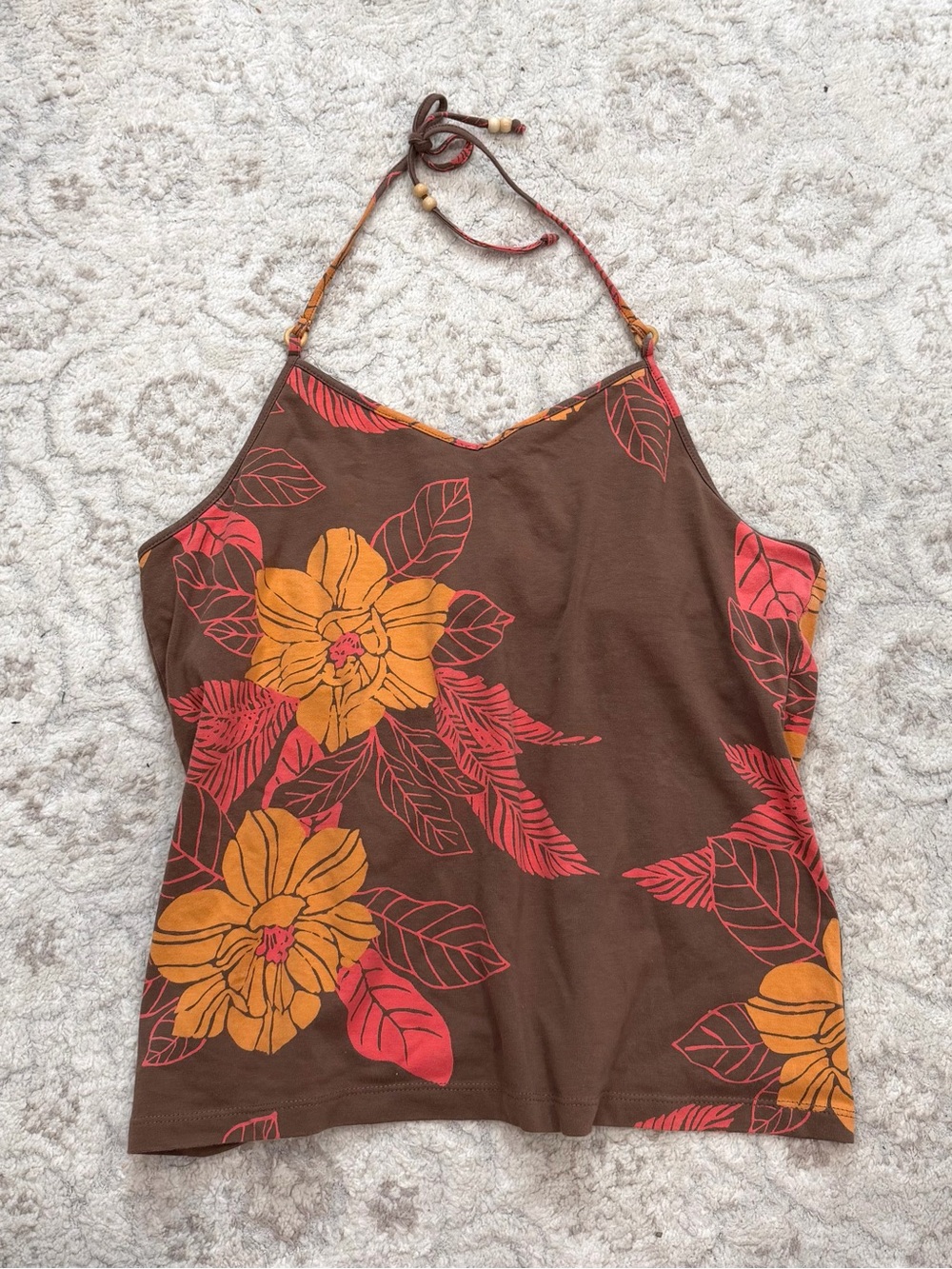 Vintage Y2K Old Navy Halter Top Brown Floral Hibiscus Babydoll Beaded Ties